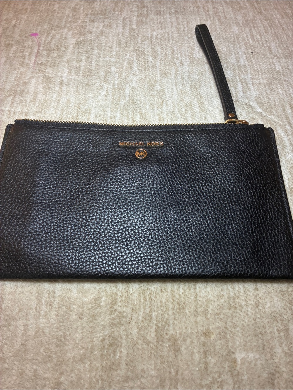 Michael Kors Black Pebbled Leather Wristlet Clutch‎ with Gold Logo